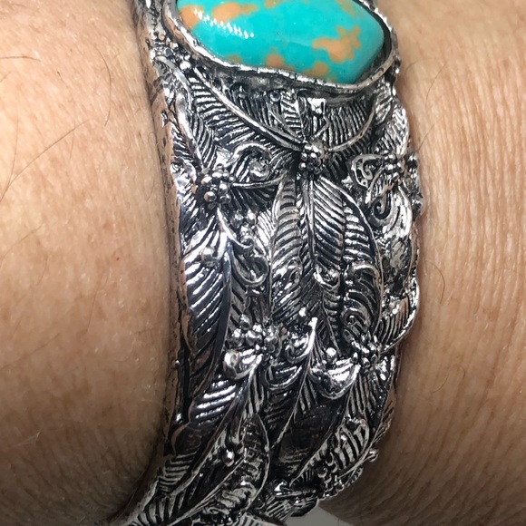 Tibetan Silver Wide Cuff Bracelet with Turquoise - Picture 8 of 11
